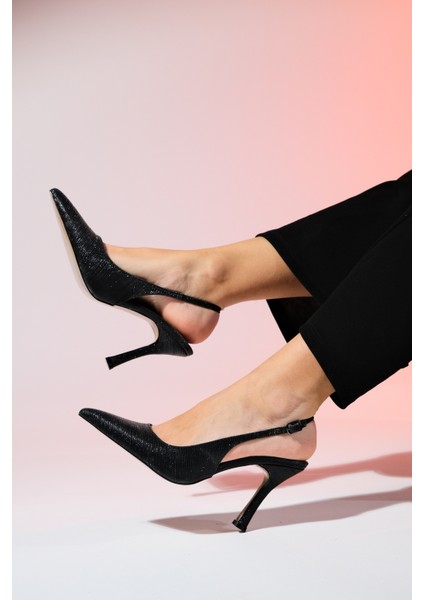 Andes Siyah Çizgili Kadın Sivri Burun Arkası Açık Yüksek Topuklu Ayakkabı