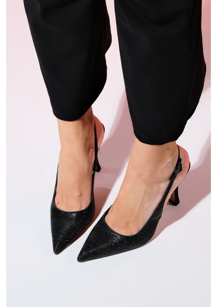 Andes Siyah Çizgili Kadın Sivri Burun Arkası Açık Yüksek Topuklu Ayakkabı modelleri