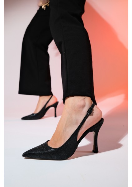Andes Siyah Çizgili Kadın Sivri Burun Arkası Açık Yüksek Topuklu Ayakkabı indirimleri
