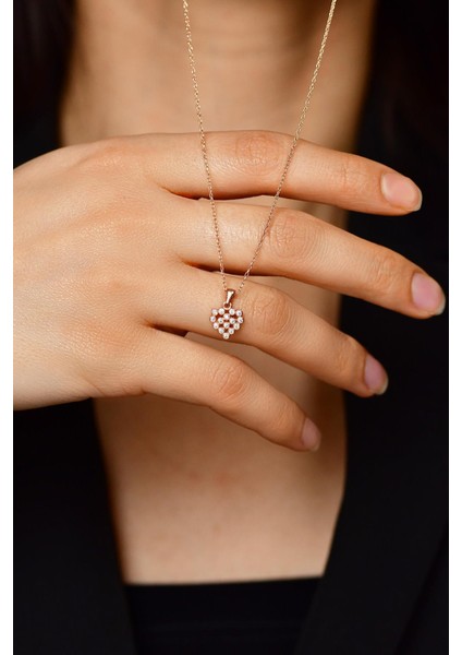 Zirkon Taşlı Rose Kalp Model Minimal Gümüş Kolye