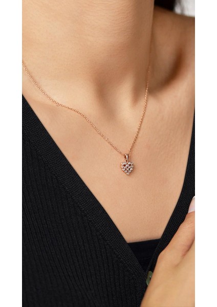 Zirkon Taşlı Rose Kalp Model Minimal Gümüş Kolye