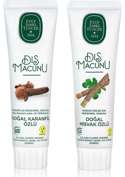Doğal Karanfil Özlü ve Misvak Özlü Gluten Içermeyen Vegan Diş Macunları 90 ml