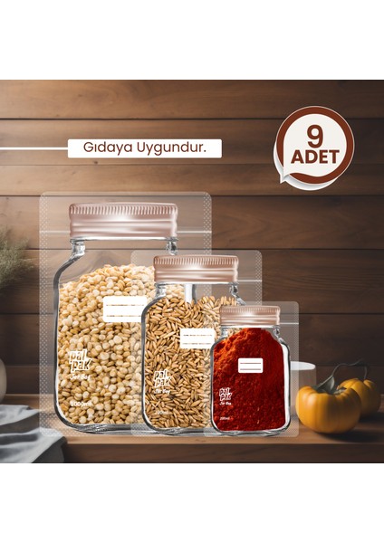 Bakır Metal Kapaklı Kavanoz Görünümlü Saklama Poşeti 9 Adet 3 Büyük 3 Orta 3 Küçük