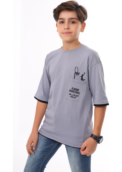 Erkek Çocuk Cep Baskılı T-Shirt 9-14 Yaş LX6967