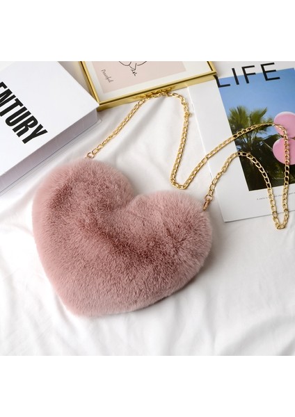 Peluş Kalp Şeklinde Omuz Kış Kadın Sevimli Debriyaj Aşk Zincir Messenger Kadın Crossbody Çanta (Yurt Dışından)