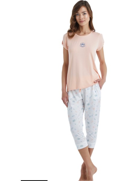 BLACKSPADE-51342-KADIN Kısa Kollu Açık Yaka Kapri Pijama Takımı-Somon