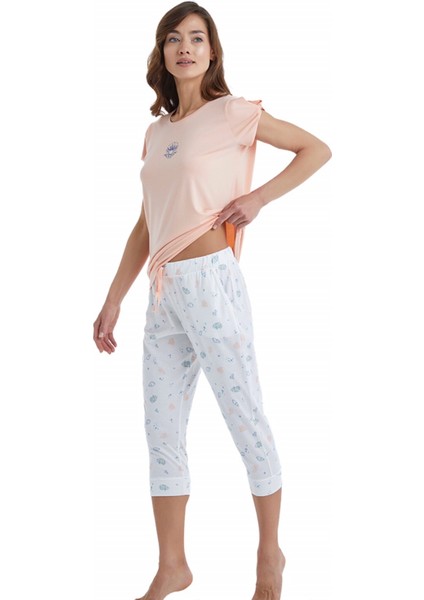 BLACKSPADE-51342-KADIN Kısa Kollu Açık Yaka Kapri Pijama Takımı-Somon fiyatları