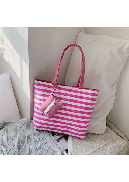 Kadın Kız Tuval Büyük Çizgili Omuz Tote Plaj Renkli Çizgili Çanta (Yurt Dışından) indirimleri