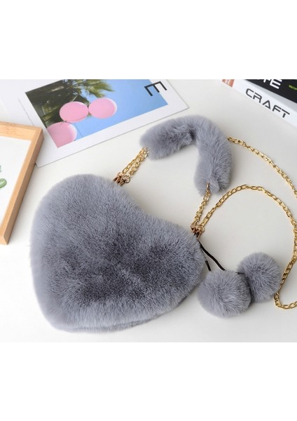 Peluş Kalp Şeklinde Omuz Kış Kadın Sevimli Debriyaj Aşk Zincir Messenger Kadın Crossbody Çanta (Yurt Dışından)