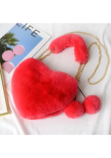 Karpuz Peluş Kalp Şeklinde Omuz Kış Kadın Sevimli Debriyaj Aşk Zincir Messenger Kadın Crossbody Çanta (Yurt Dışından)