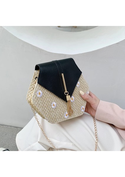 Papatya 19X12X Altıgen Mulit Hasır + Pu Zincir Postacı Kadın Rattan El Yapımı Dokuma Plaj Boho Bolso Çanta (Yurt Dışından)
