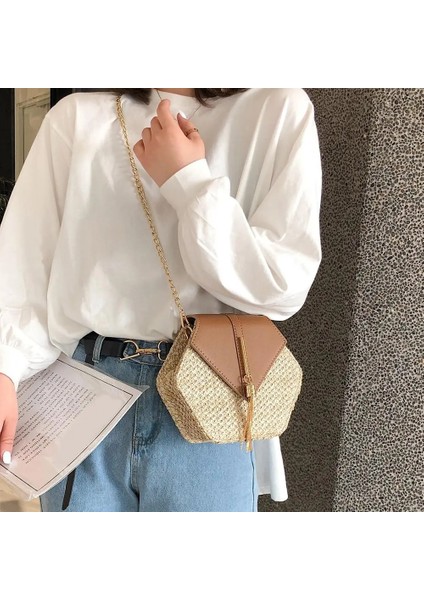 Papatya 19X12X Altıgen Mulit Hasır + Pu Zincir Postacı Kadın Rattan El Yapımı Dokuma Plaj Boho Bolso Çanta (Yurt Dışından) modelleri