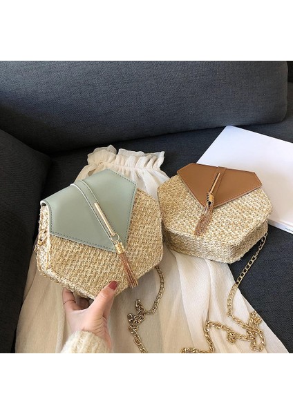 Papatya 19X12X Altıgen Mulit Hasır + Pu Zincir Postacı Kadın Rattan El Yapımı Dokuma Plaj Boho Bolso Çanta (Yurt Dışından) indirimleri