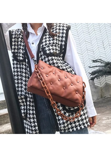 Brown Shoulder Kadın Omuz Kalın Zincir Crossbody Kadın El Kadın Perçin Düğme Çanta (Yurt Dışından)