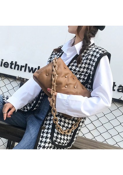 Haki Omuz Kadın Omuz Kalın Zincir Crossbody Kadın El Kadın Perçin Düğme Çanta (Yurt Dışından)
