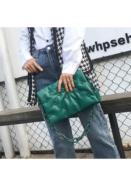 Haki Omuz Kadın Omuz Kalın Zincir Crossbody Kadın El Kadın Perçin Düğme Çanta (Yurt Dışından) modelleri