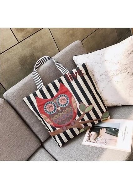 Kadın Kız Tuval Büyük Çizgili Omuz Tote Plaj Renkli Çizgili Çanta (Yurt Dışından)