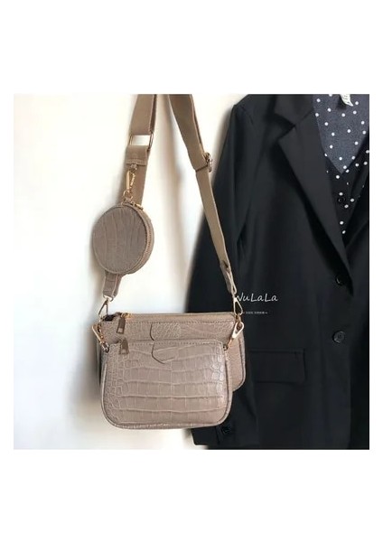 Kayısı Vintage Timsah Kadın Omuz Geniş Kayış Crossbody Zinciri Sling Pu Deri Kadın Seti Cüzdan Çanta (Yurt Dışından)