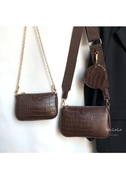 Kayısı Vintage Timsah Kadın Omuz Geniş Kayış Crossbody Zinciri Sling Pu Deri Kadın Seti Cüzdan Çanta (Yurt Dışından) fiyatları