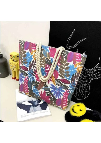 Gökkadın Kız Tuval Büyük Çizgili Omuz Tote Plaj Renkli Çizgili Çanta (Yurt Dışından)