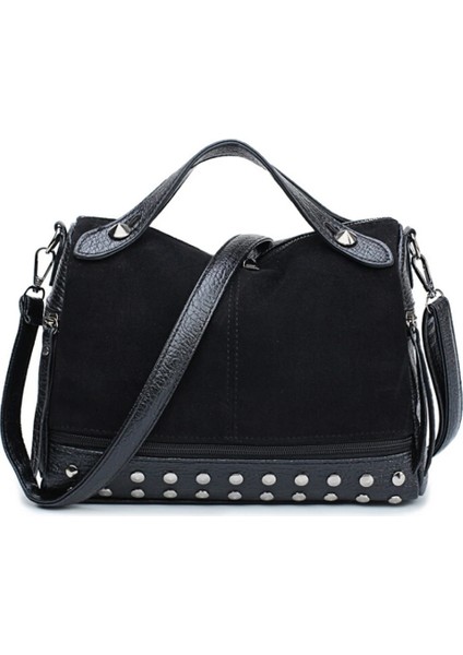 Kadın Faux Deri Omuz Askılı Crossbody Büyük Kapasiteli Seyahat Perçin Mat Tote Çanta (Yurt Dışından)