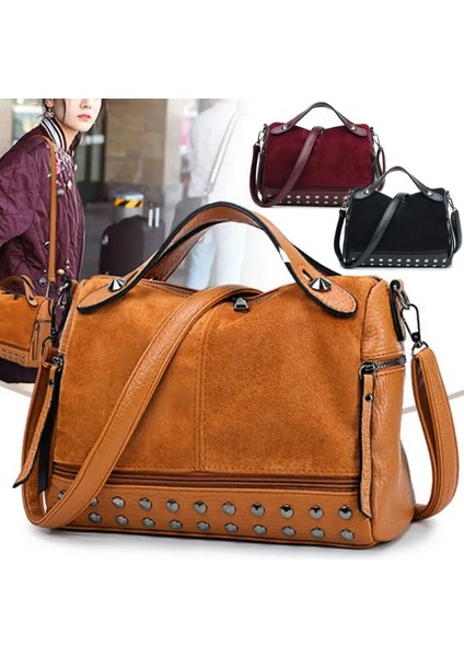 Kadın Faux Deri Omuz Askılı Crossbody Büyük Kapasiteli Seyahat Perçin Mat Tote Çanta (Yurt Dışından) fiyatları