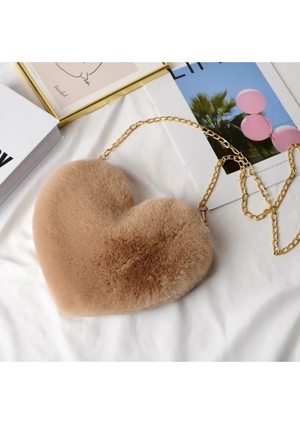 Peluş Kalp Şeklinde Omuz Kış Kadın Sevimli Debriyaj Aşk Zincir Messenger Kadın Crossbody Çanta (Yurt Dışından)