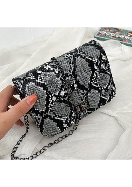 Bej Kadın Serpantin Omuz Küçük Kare Messenger Mini Crossbody Pu Deri Yılan Baskı Zinciri Çanta (Yurt Dışından)