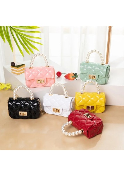 Qiuming Shop Mini 12X8X5CM Mini Handbag Elegant Shoulder Messenger Portable Chain Girl Pvc Jelly Pearl Crossbody Rhombus Square Çanta (Yurt Dışından)