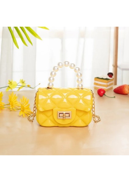 Qiuming Shop Mini 12X8X5CM Mini Handbag Elegant Shoulder Messenger Portable Chain Girl Pvc Jelly Pearl Crossbody Rhombus Square Çanta (Yurt Dışından)