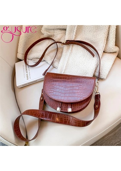 Timsah Desen Crossbody Kadın Yarım Yuvarlak Messenger Pu Deri Omuz Çanta (Yurt Dışından)