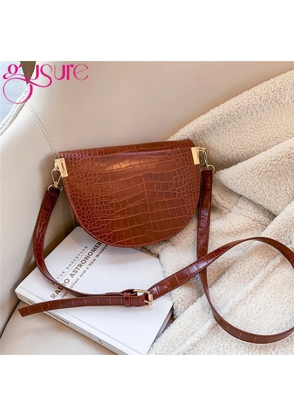 Timsah Desen Crossbody Kadın Yarım Yuvarlak Messenger Pu Deri Omuz Çanta (Yurt Dışından)