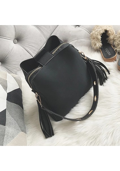 Fırçalama Kadın Kova Eski Püskül Askılı Retro Omuzdan Askılı Crossbody Tote Çanta (Yurt Dışından)
