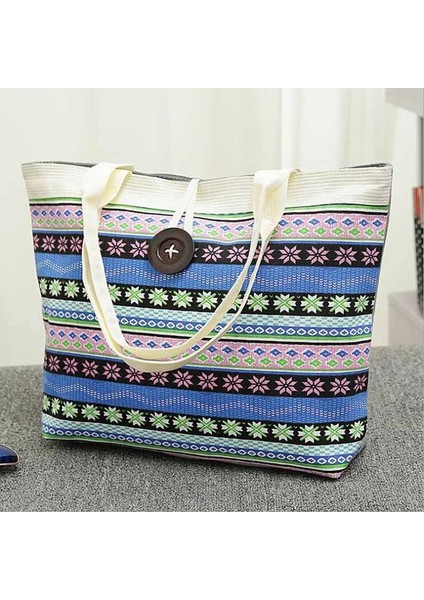 Kadın Kız Tuval Büyük Çizgili Omuz Tote Plaj Renkli Çizgili Çanta (Yurt Dışından)