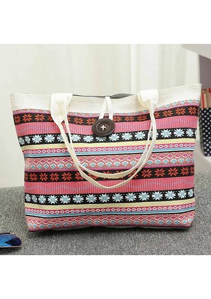 Kadın Kız Tuval Büyük Çizgili Omuz Tote Plaj Renkli Çizgili Çanta (Yurt Dışından) modelleri