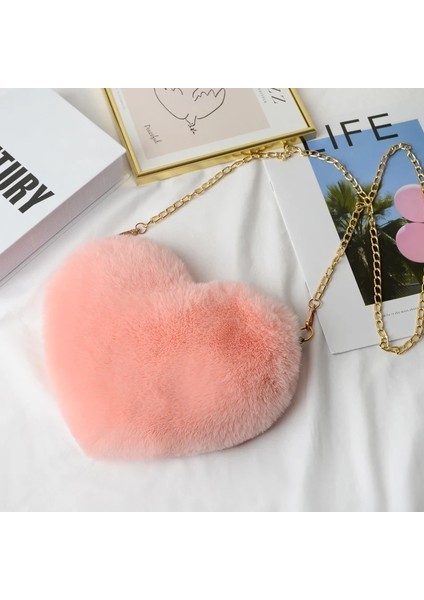 Peluş Kalp Şeklinde Omuz Kış Kadın Sevimli Debriyaj Aşk Zincir Messenger Kadın Crossbody Çanta (Yurt Dışından)