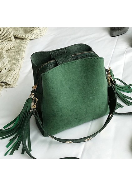 Fırçalama Kadın Kova Eski Püskül Askılı Retro Omuzdan Askılı Crossbody Tote Çanta (Yurt Dışından)