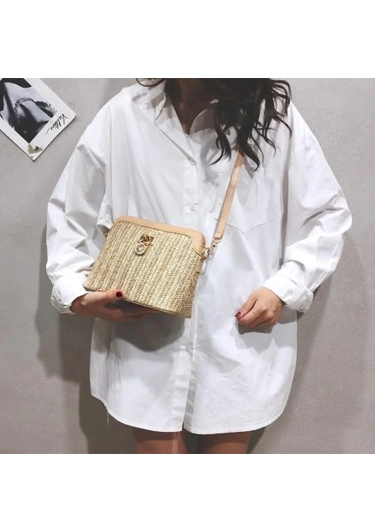 23X17X11CM Hasır Crossbody El Yapımı Dokuma Pu Deri Boho Kadın Plaj Tatil Omuz Çanta (Yurt Dışından)