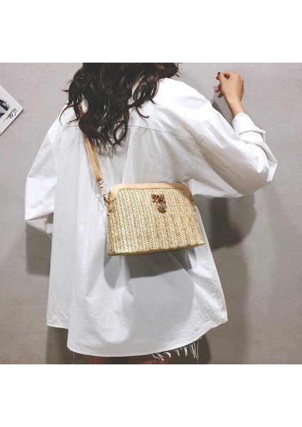 23X17X11CM Hasır Crossbody El Yapımı Dokuma Pu Deri Boho Kadın Plaj Tatil Omuz Çanta (Yurt Dışından)