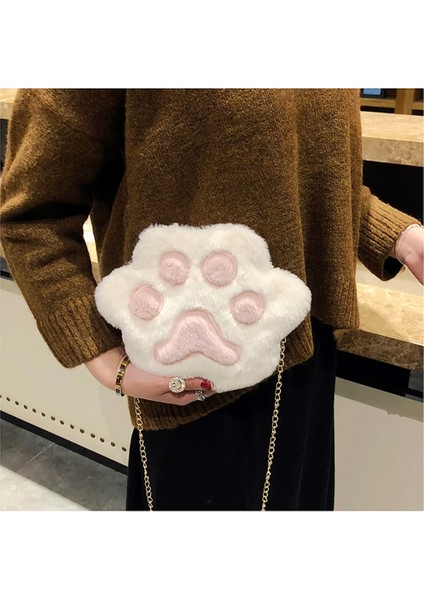 Bir Sevimli Kedi Paw Omuz Kadın Sonbahar Kış Tatlı Kız Peluş Crossbody Zincir Messenger Çanta (Yurt Dışından)