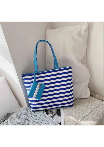 Kadın Kız Tuval Büyük Çizgili Omuz Tote Plaj Renkli Çizgili Çanta (Yurt Dışından)