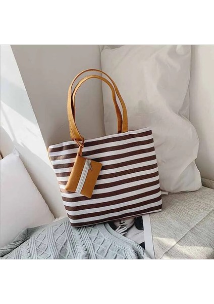 Kadın Kız Tuval Büyük Çizgili Omuz Tote Plaj Renkli Çizgili Çanta (Yurt Dışından) fırsatları
