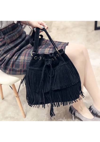 Retro Faux Süet Fringe Kadın Haberci Tote Püskül Omuz Crossbody Fesmall Na Çanta (Yurt Dışından)