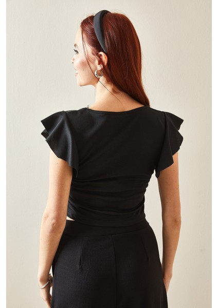 Siyah Kolları Volanlı Crop Bluz 5YXK2-48200-02 indirimleri