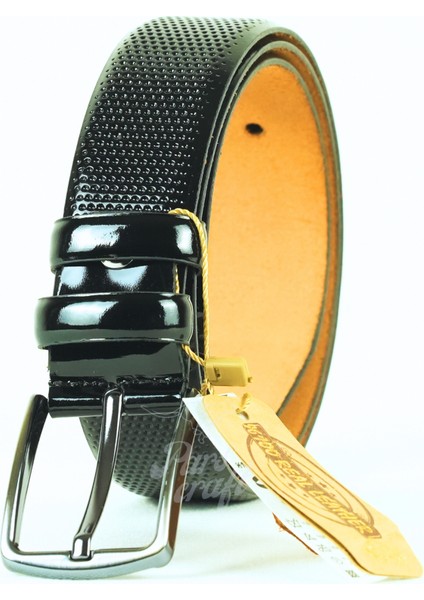 Hakiki Erkek Deri Kemer 3,5 cm Siyah Iğne Baskılı Klasik Kumaş Pantolon Kemeri