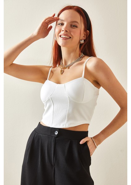 Beyaz Balenli & Askılı Crop Bluz 5YXK2-48201-01