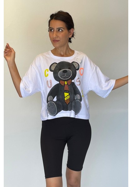 Kadın Ayıcık Baskılı Taş Süslemeli Kısa T-Shirt fiyatları