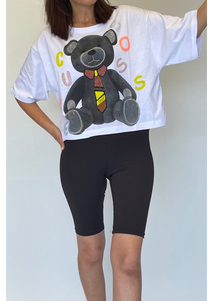 Kadın Ayıcık Baskılı Taş Süslemeli Kısa T-Shirt modelleri