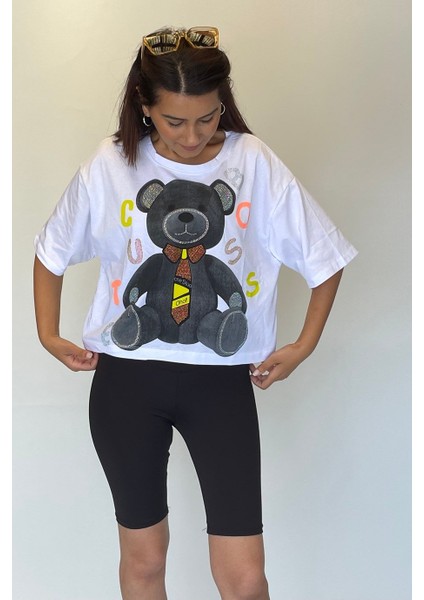 Kadın Ayıcık Baskılı Taş Süslemeli Kısa T-Shirt fırsatları