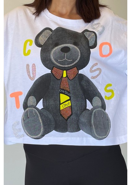 Kadın Ayıcık Baskılı Taş Süslemeli Kısa T-Shirt indirimleri